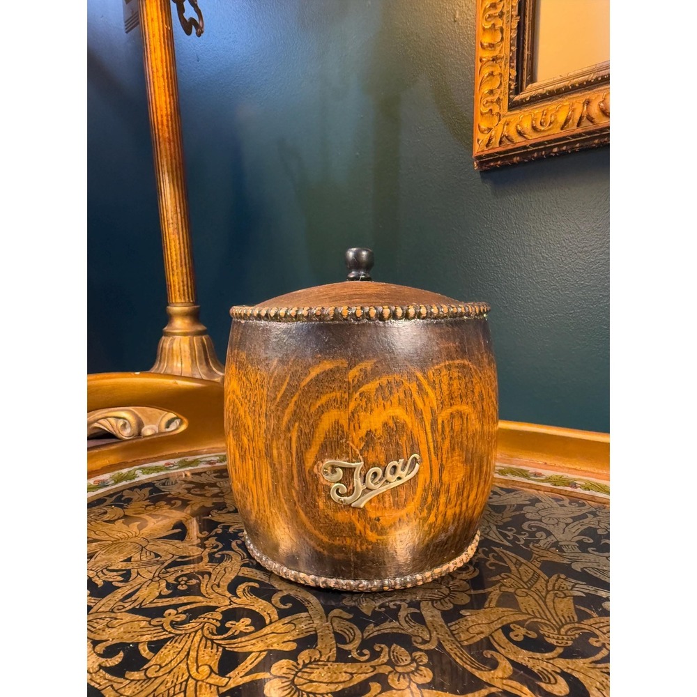 Vintage Wood Tea‎ Caddy with Lid and Metal Liner – 5" Tall Round Tea Jar